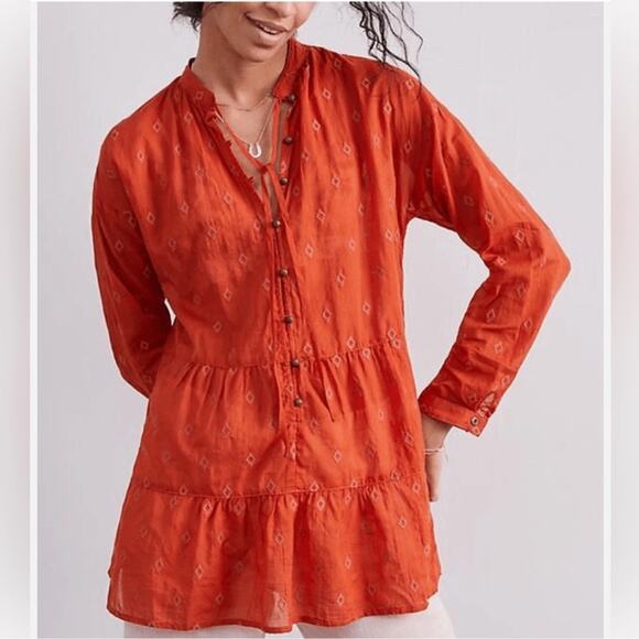 NEW Anthropologie Pilcro Tiered Tunic Top Rust Orange Boho Copper Button Aztec - Picture 1 of 8